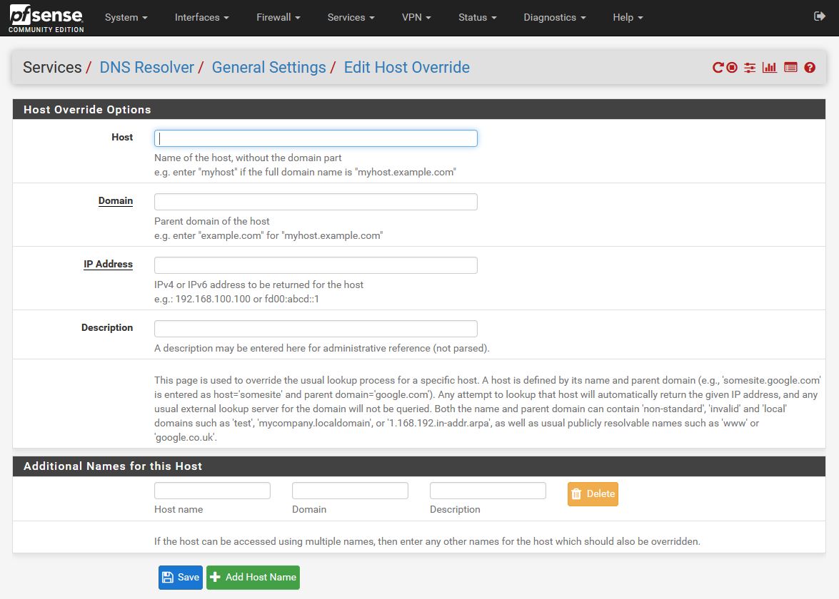 pfSense DNS resolver's 'Host override' page